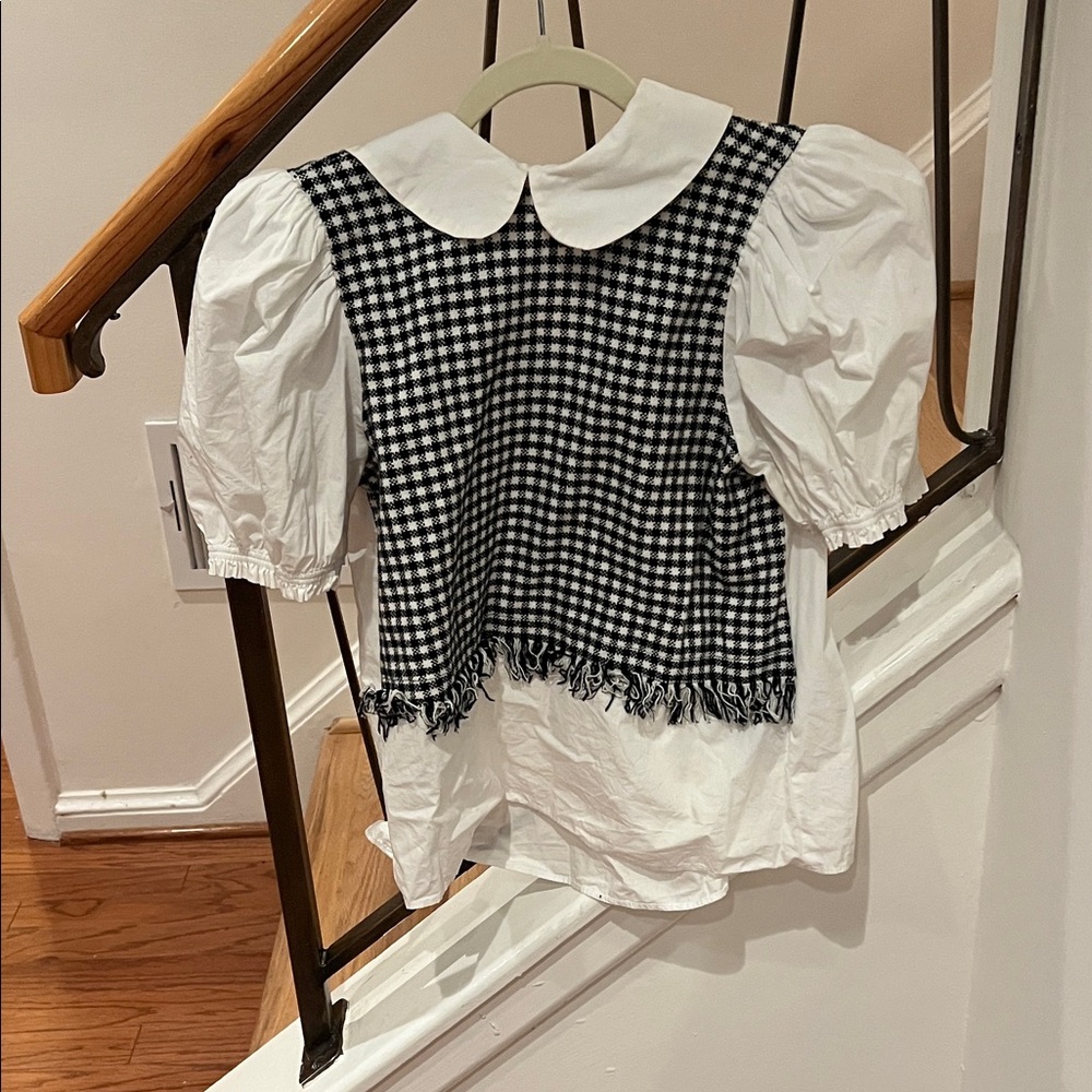 Zara Black and White Checkered Puff Sleeve Blouse